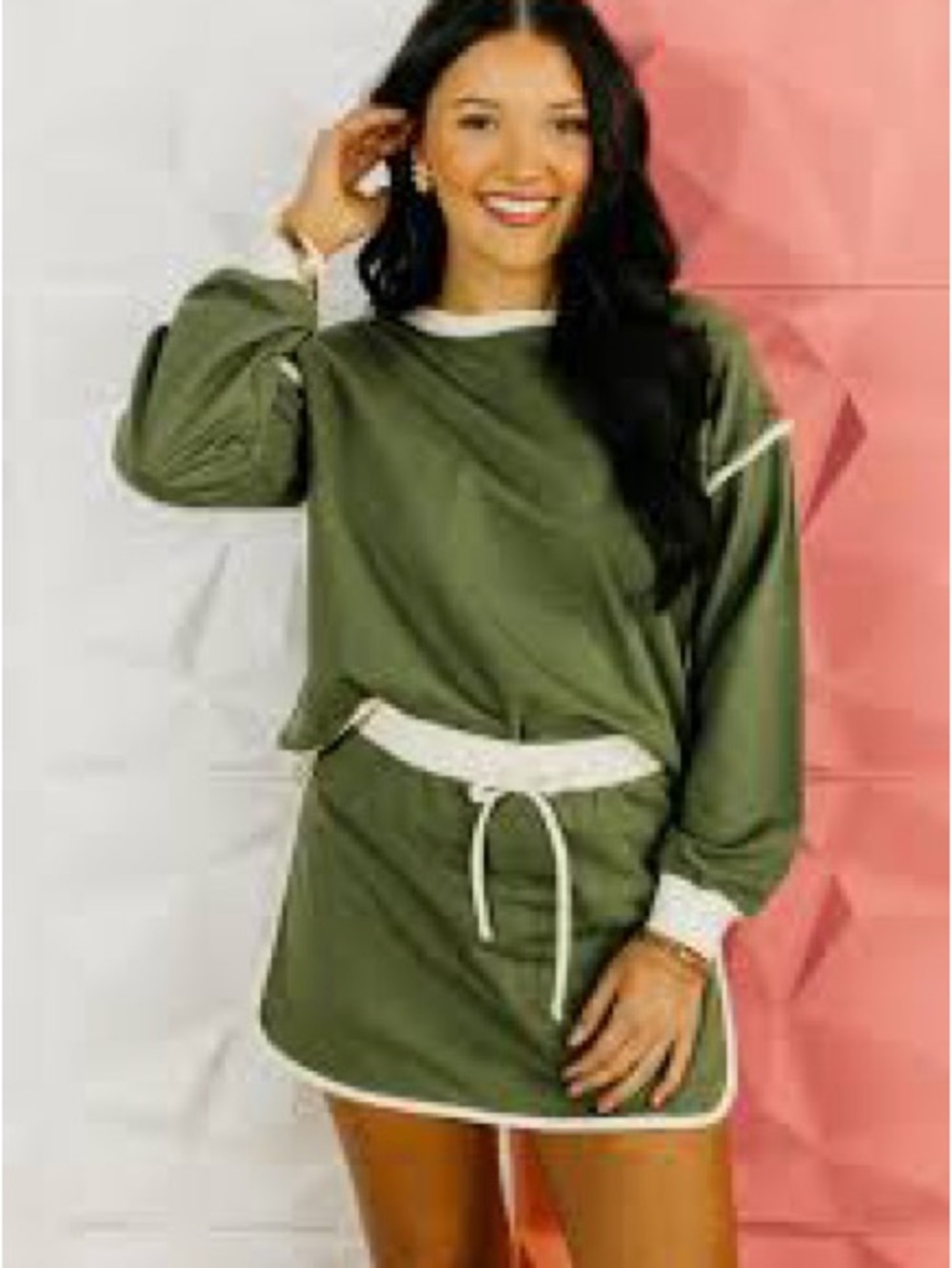 Zenana Pullover and Skort Set Olive with White Trim Size Large NEW